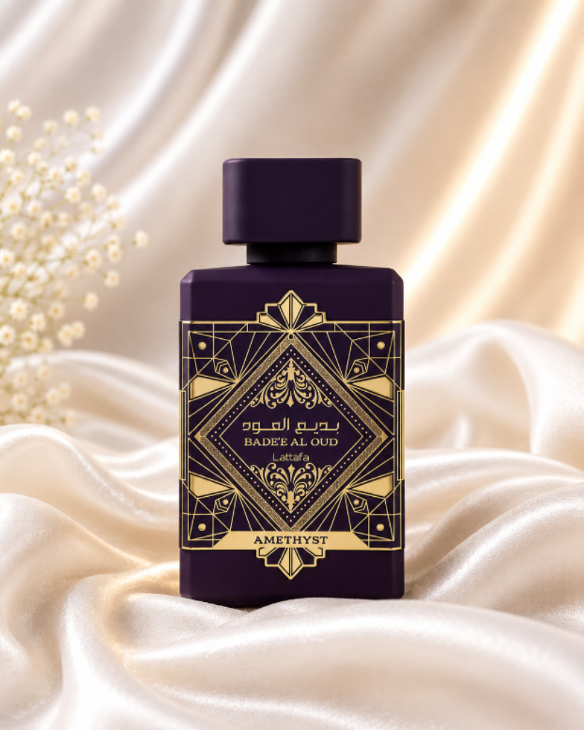 Perfume bottle with decorative label on a satin background